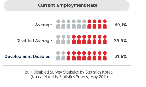 Current Employment Rate is Average 60.1%, Disabled Average 35.5%, Development Disabled 21.6%. 2001 Disabled Survey Statistics by Statistics Korea(Korea Monthly Statistics Survey, May 2011)