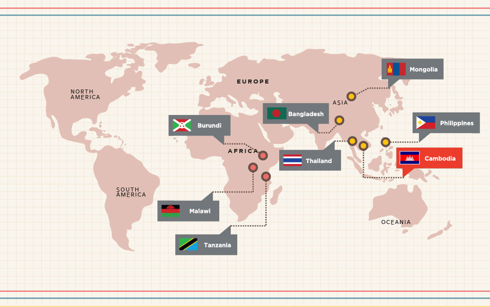 국가별 사업소개에서 몽골, 캄보디아, 필리핀, 태국, 탄자니아, 말라위, 부룬디, 방글라데시 중 캄보디아를 나타내는 지도