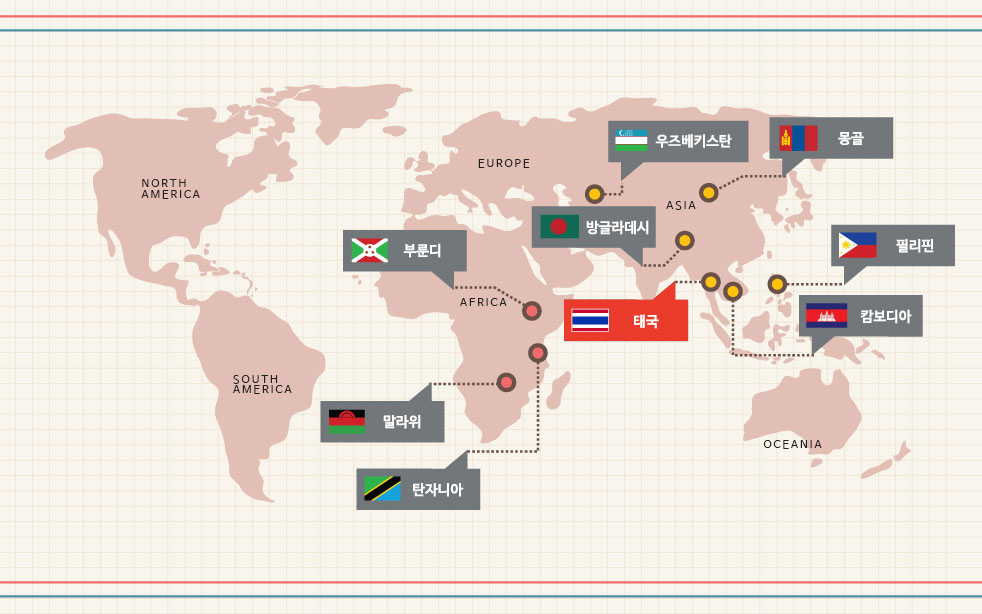 국가별 사업소개에서 몽골, 캄보디아, 필리핀, 태국, 탄자니아, 말라위, 부룬디, 방글라데시, 우즈베키스탄 중 태국을 나타내는 지도